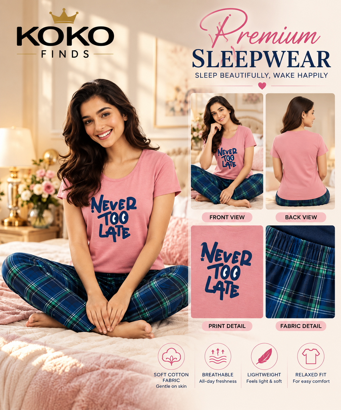 Never Too Late Pink Plaid Sleep Set