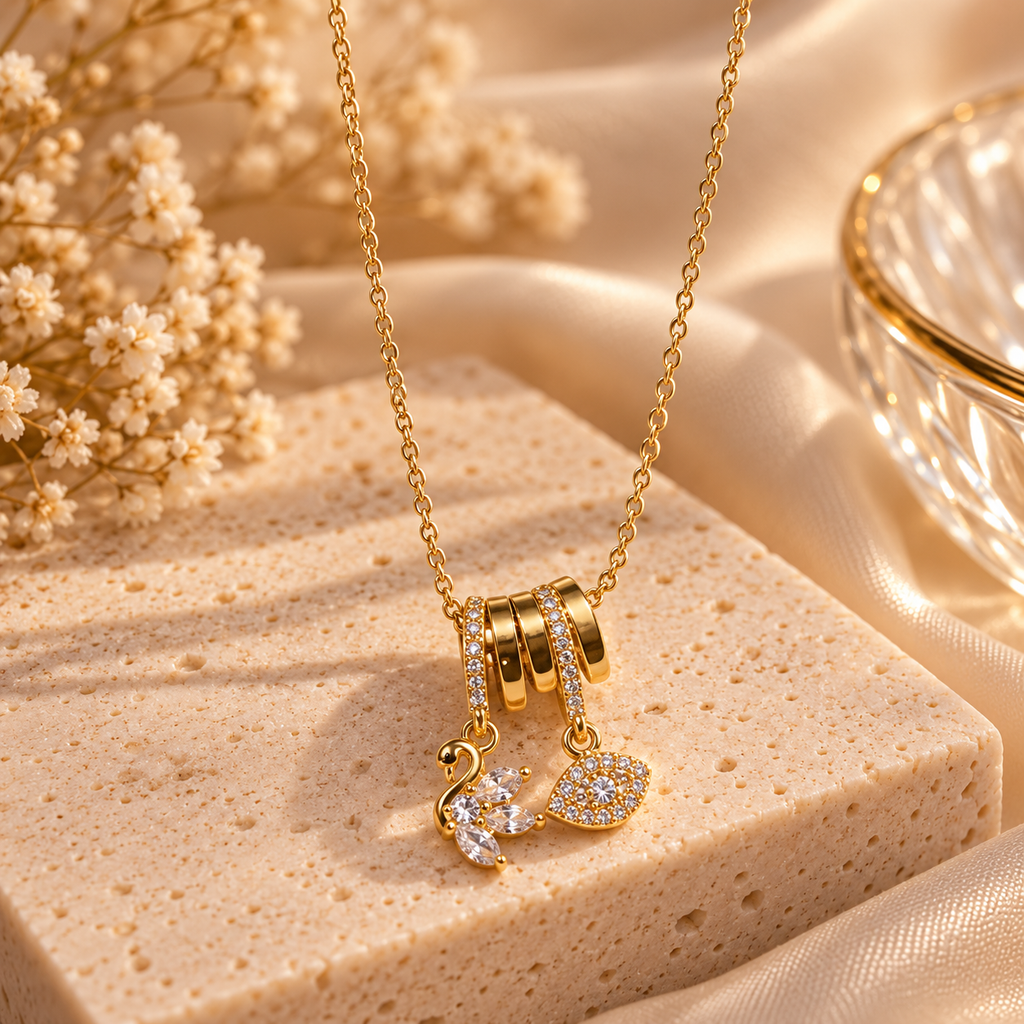 Swan & Round Crystal Charm Necklace