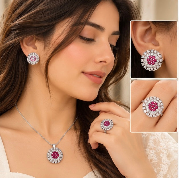 Silver Ruby Bloom Set