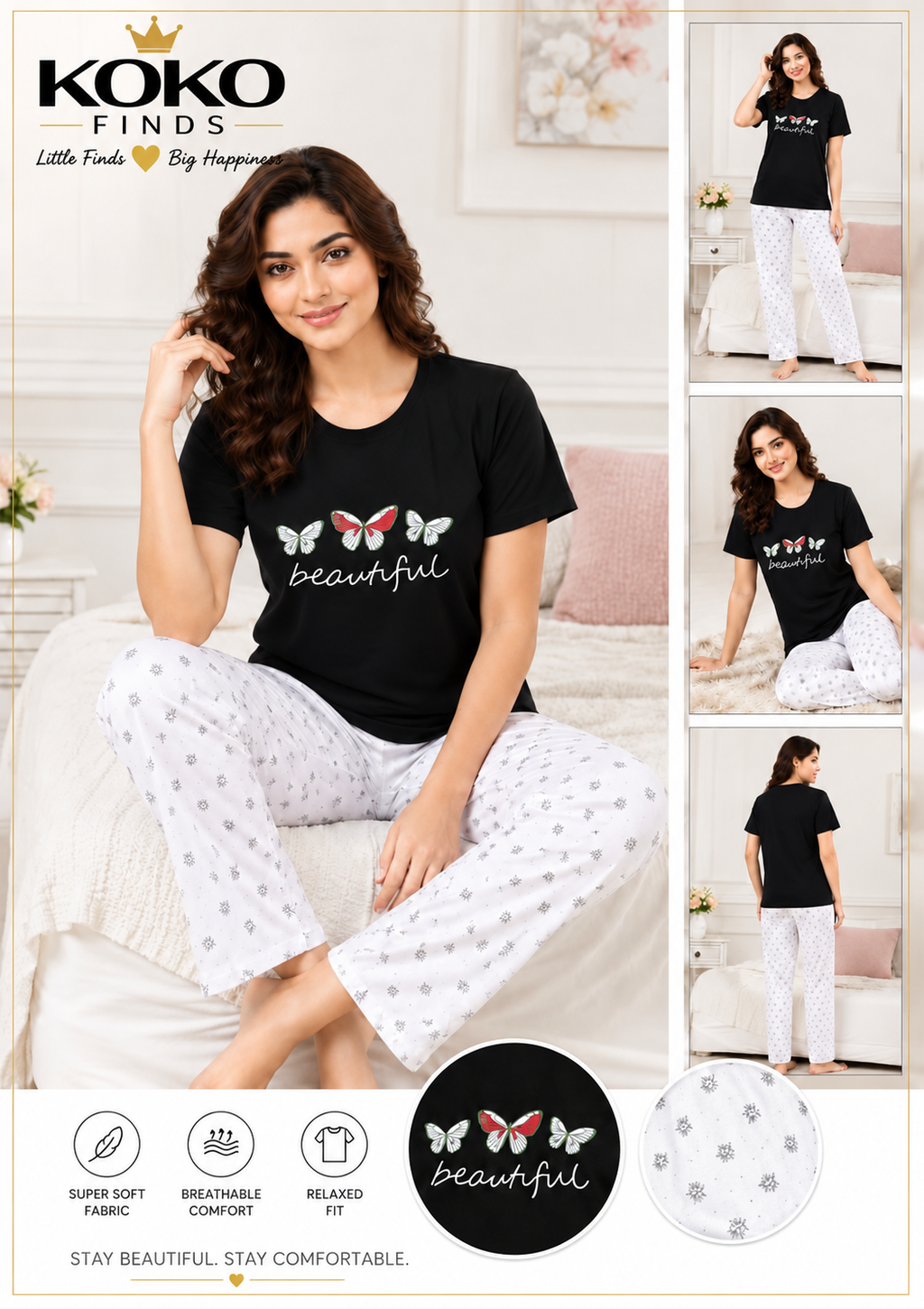 Beautiful Butterfly Black Night Suit