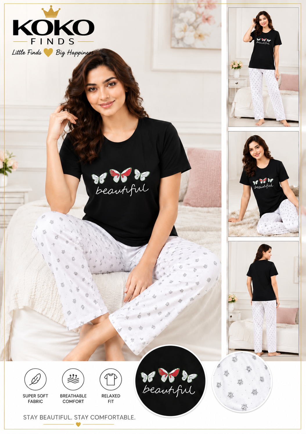Beautiful Butterfly Black Night Suit