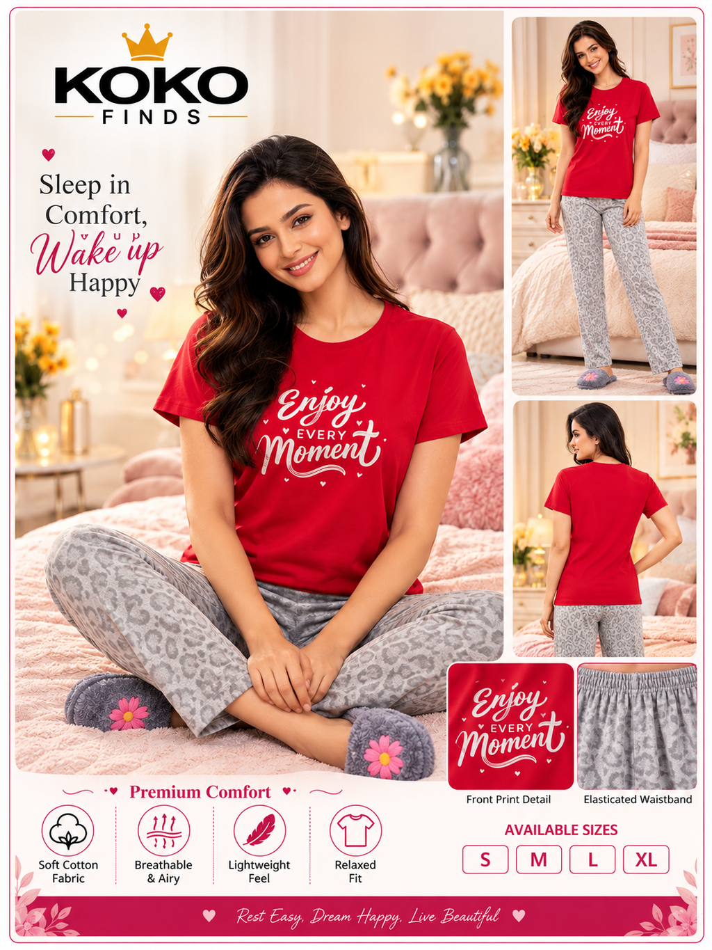 Enjoy Every Moment Red & Grey Sleep Set
