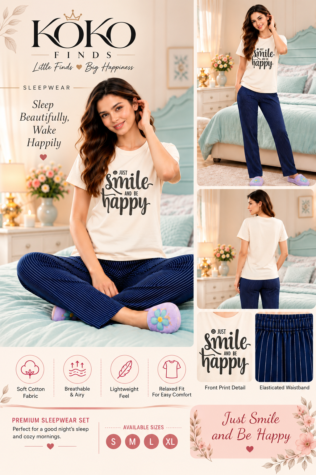 Just Smile & Be Happy Cream & Navy Sleep Set