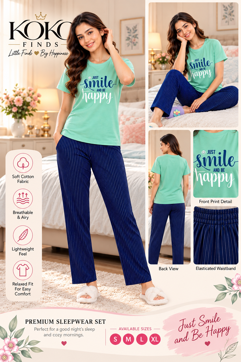 Just Smile & Be Happy Mint & Navy Sleep Set