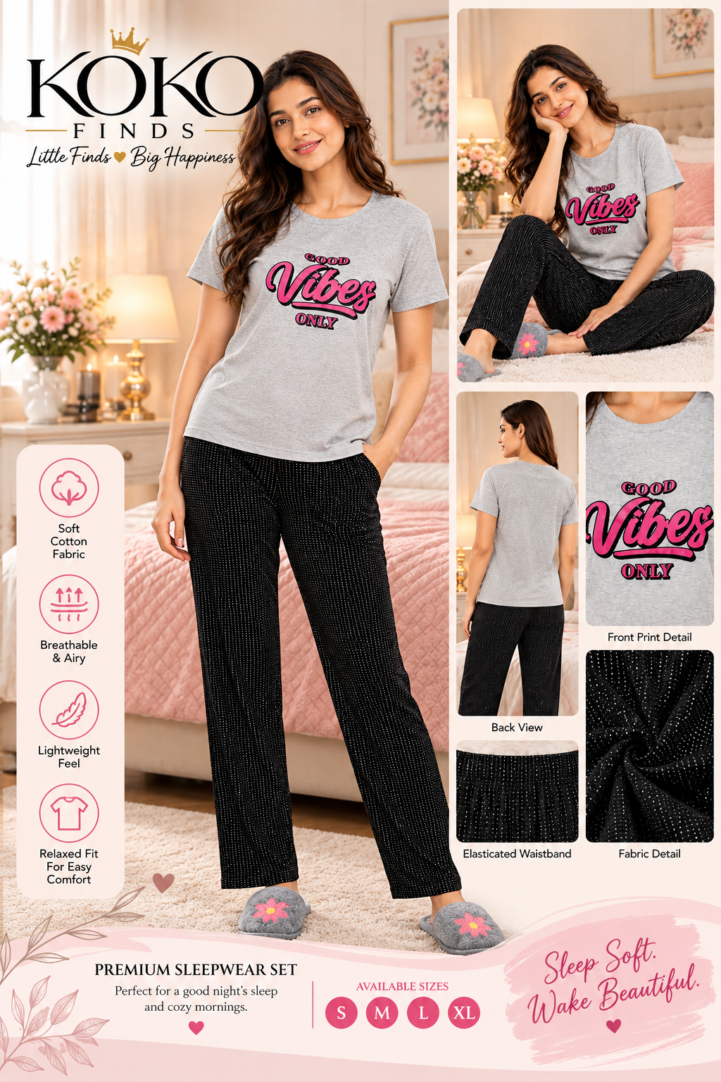 Good Vibes Only Grey & Black Sleep Set