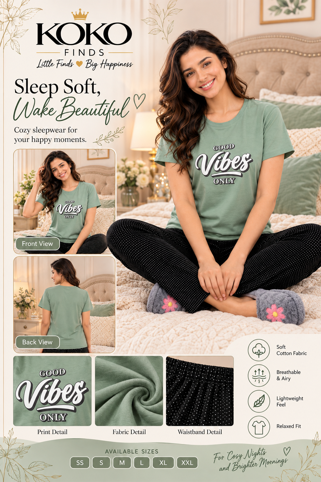 Good Vibes Only Sage Green & Black Sleep Set