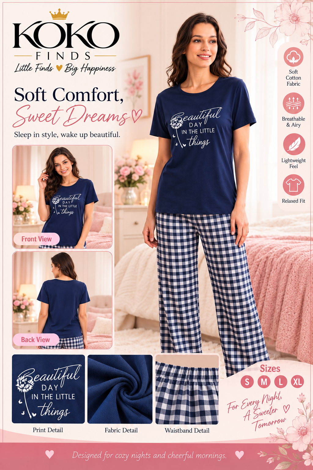 Beautiful Day Navy & Gingham Sleep Set