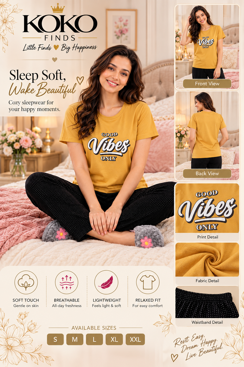 Good Vibes Only Mustard & Black Sleep Set
