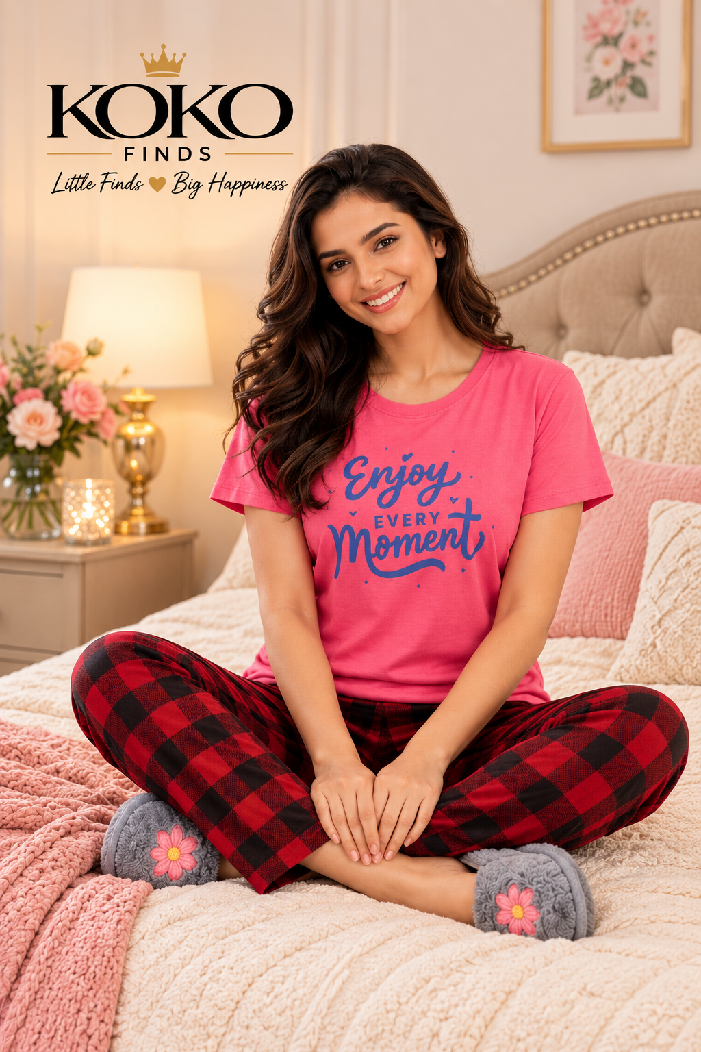 Enjoy Every Moment Pink & Red Plaid Sleep Set