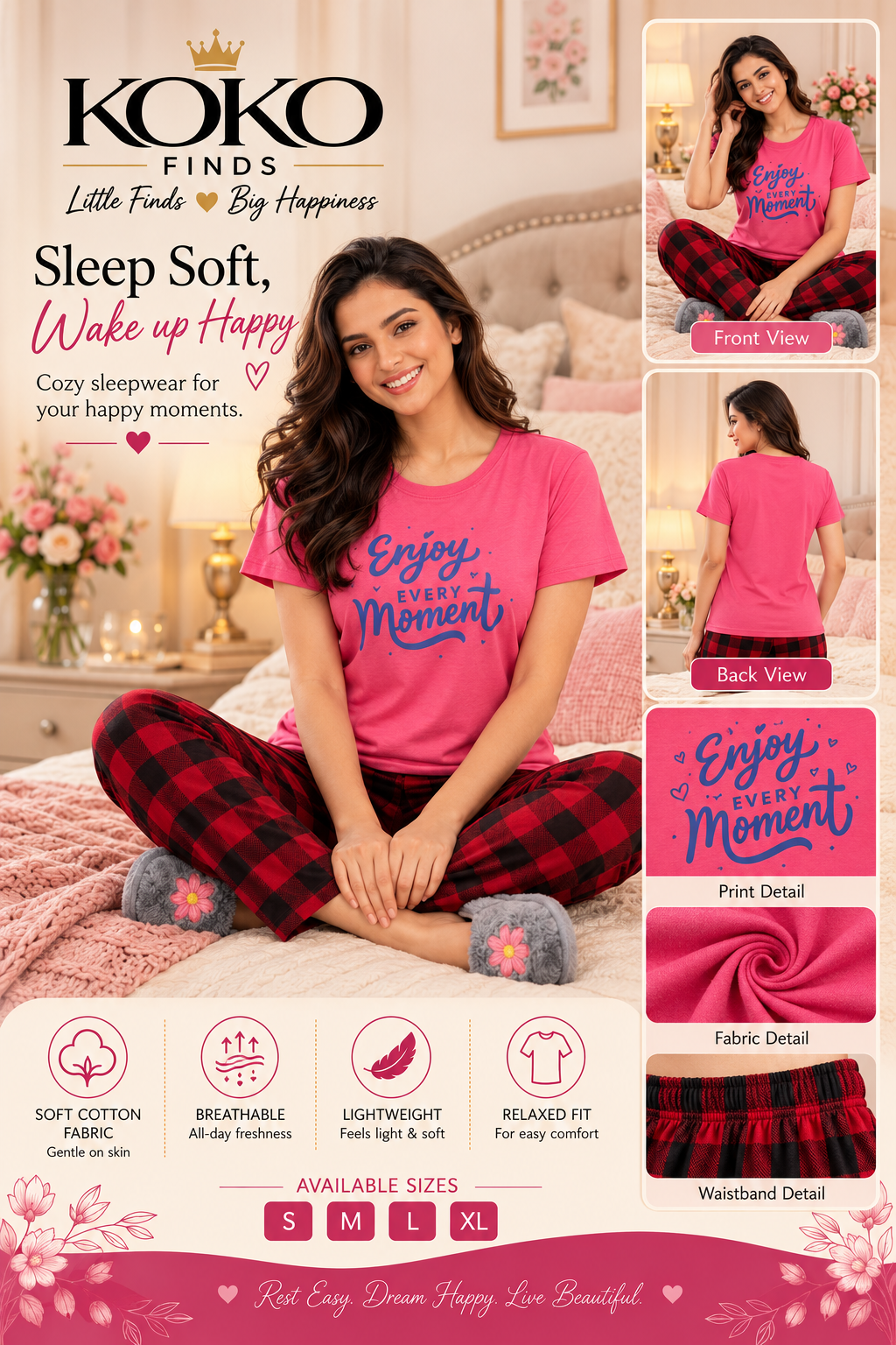 Enjoy Every Moment Pink & Red Plaid Sleep Set