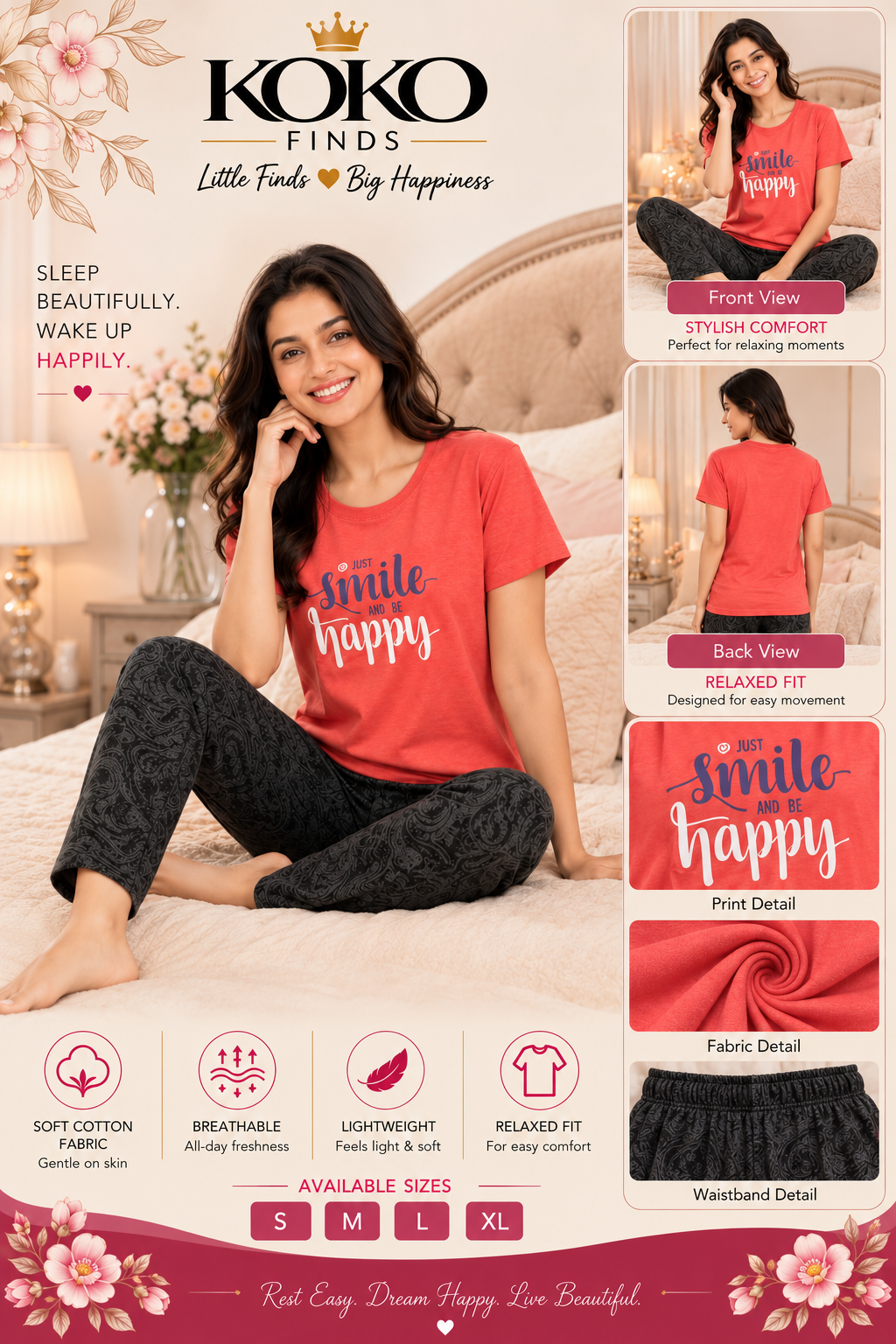Just Smile & Be Happy Coral Sleep Set