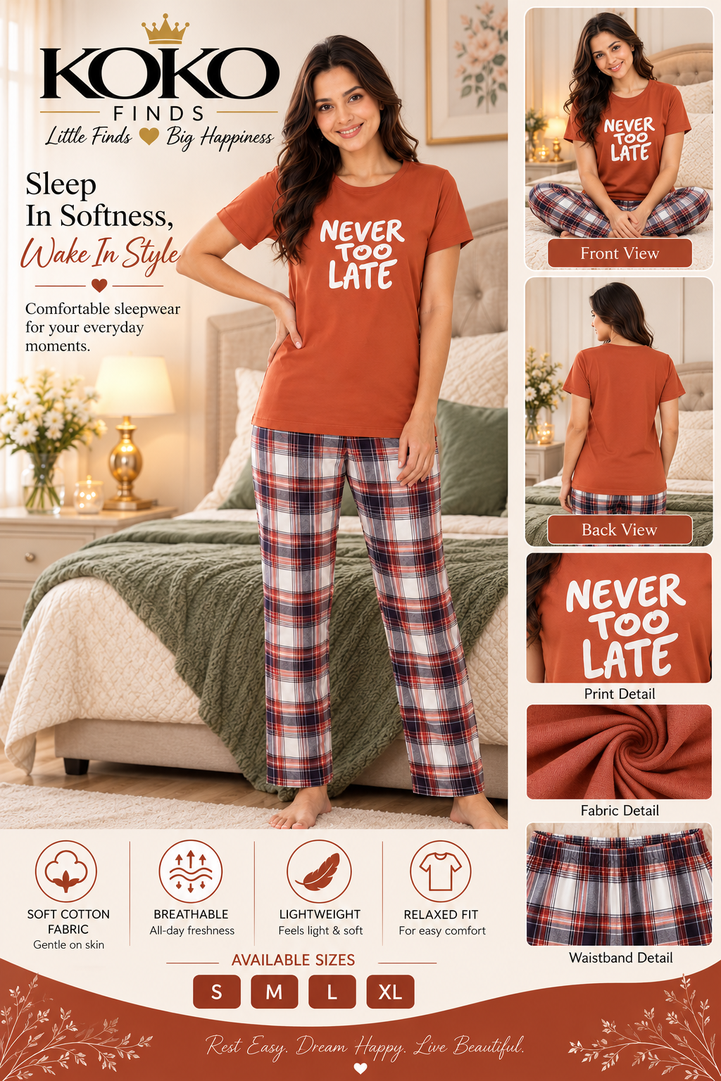 Never Too Late Rust & Plaid Sleep Set
