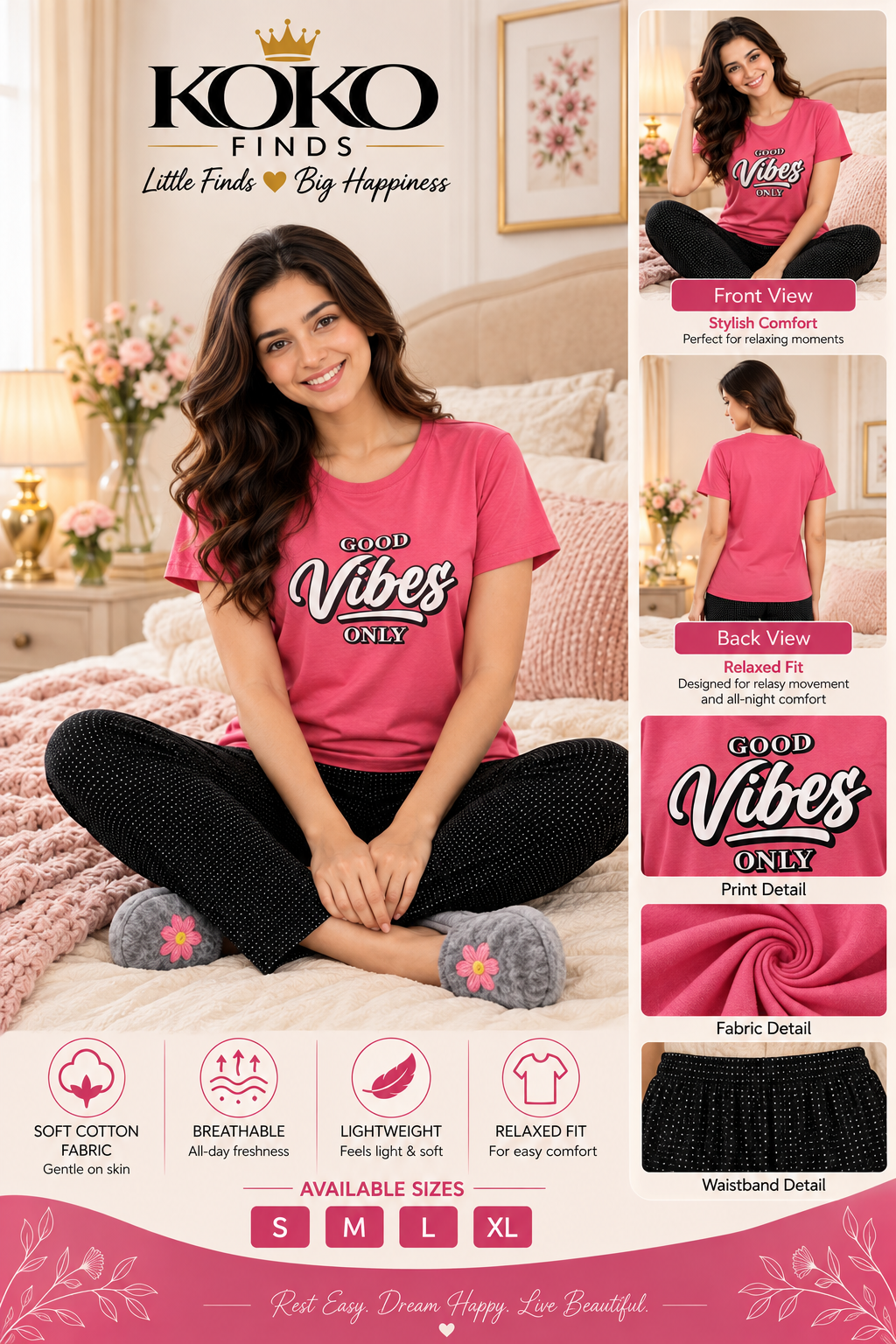 Good Vibes Only Pink & Black Sleep Set