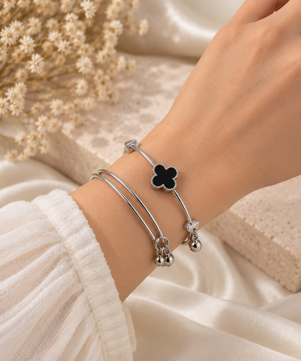 Silver black Clover Duo Bangles