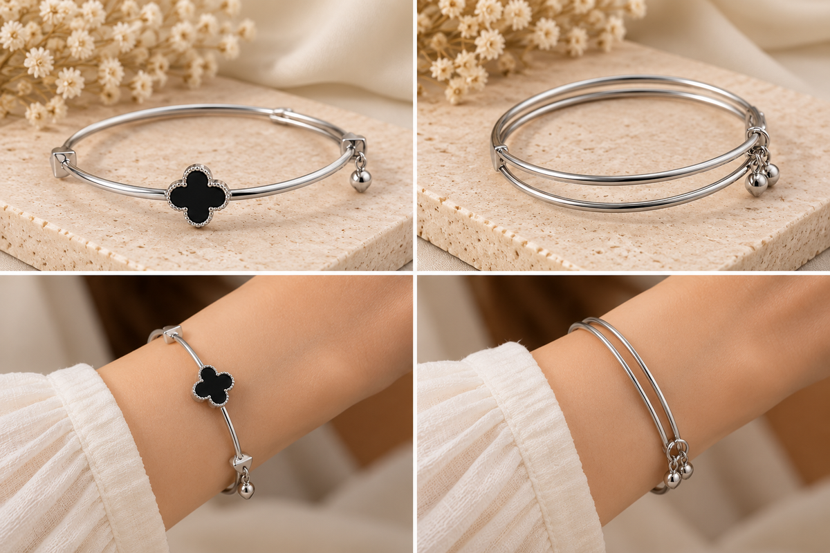 Silver black Clover Duo Bangles