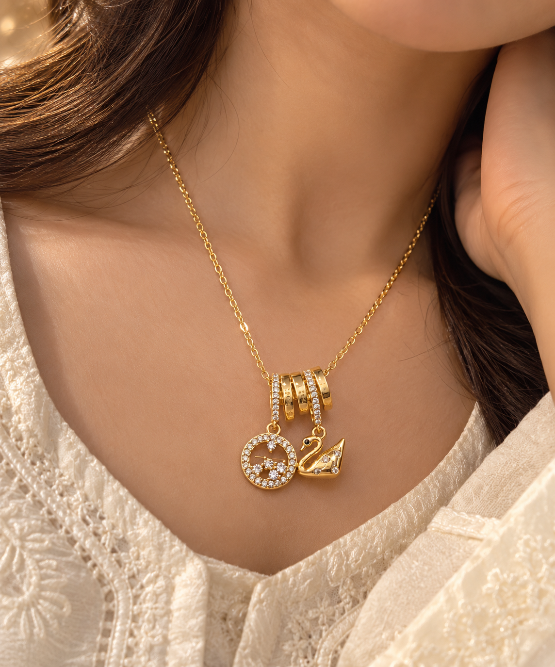 Swan & Round Crystal Charm Necklace