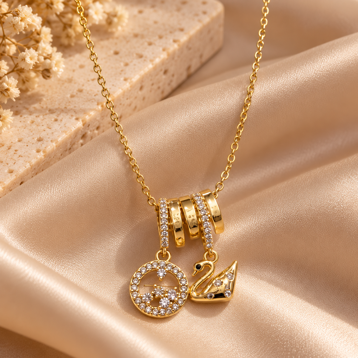 Swan & Round Crystal Charm Necklace